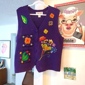 🌲 Vintage 1X  Purple Sweater Vest Embroidered Beaded Floral Plus